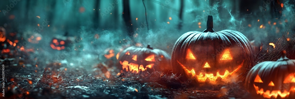Halloween pumpkins in the forest at night.Halloween background with Evil Pumpkin. Spooky scary dark Night forrest. Holiday event halloween banner background concept Halloween pumpkins in the forest at night.Halloween background with Evil Pumpkin. Spooky scary dark Night forrest. Holiday event halloween banner background concept
