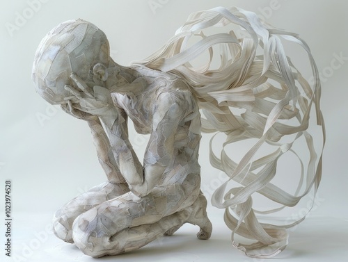 Paper-mâché figure with glowing back, swirling paper strips, symbolic pain, abstract design, conceptual art, textured sculpture, emotional representation.