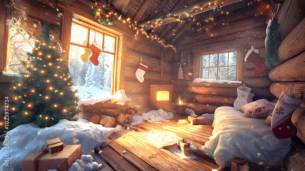 Naklejka premium cozy rustic cabin interior adorned with Christmas lights, stockings, and warm fireplace creates festive atmosphere. snowy landscape outside enhances holiday spirit