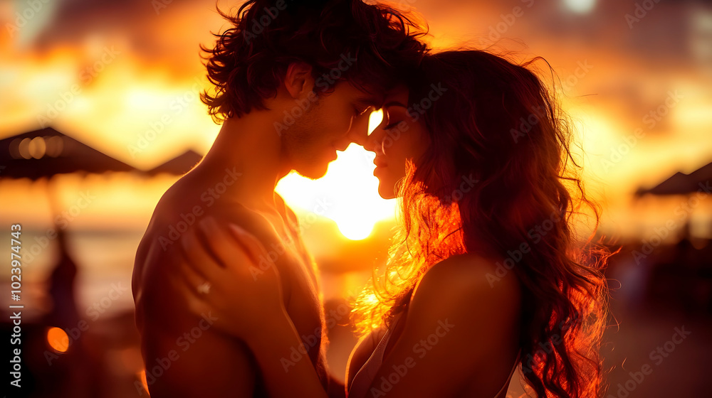 Romantic couple embracing at sunset on a beach.