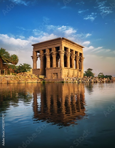 Ancient temple reflected in water