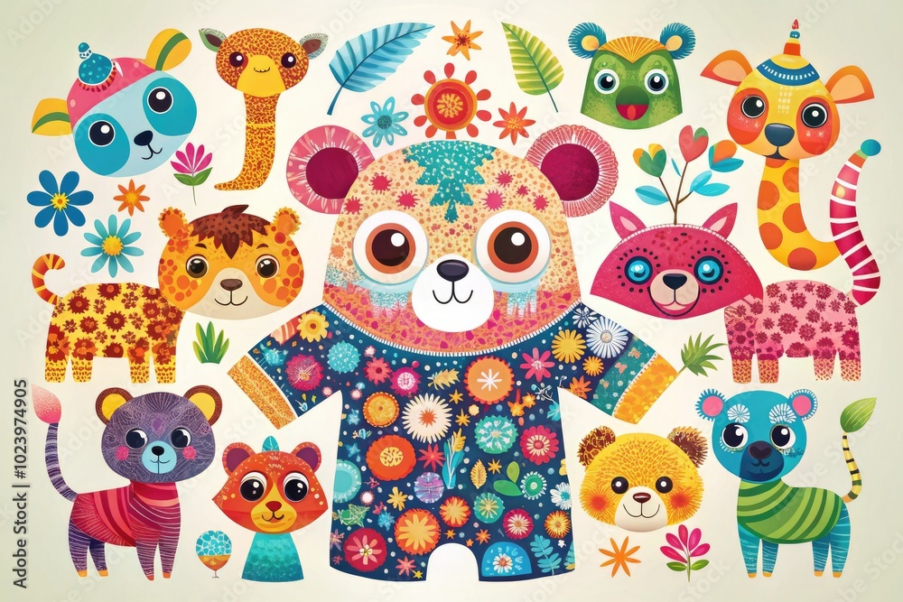Obraz premium Cartoon Animal Icons Set for T-Shirts and Fabric Prints - Generative AI Designs for Kids and Baby Fashion