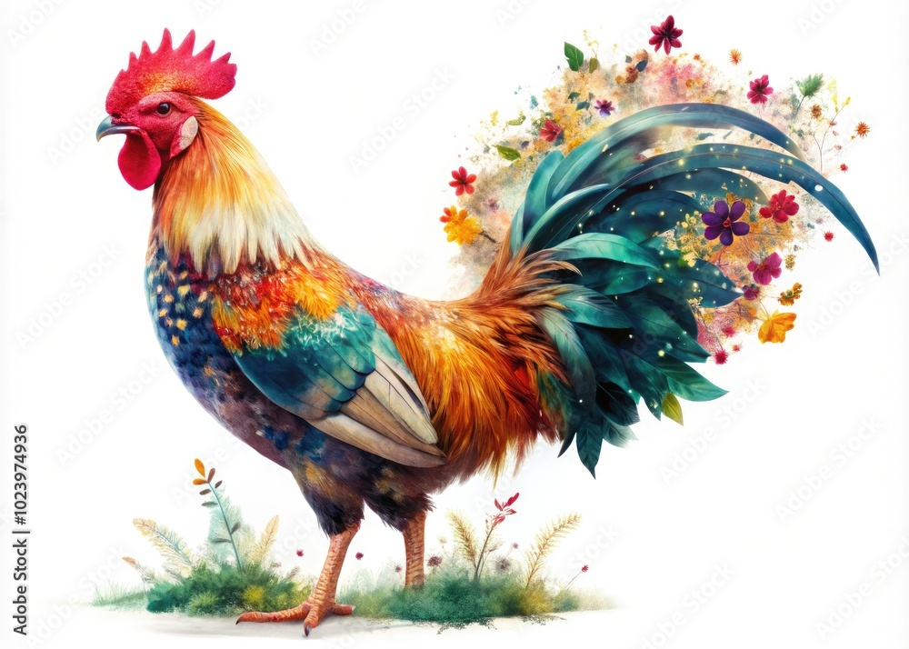 Fototapeta premium Cartoon Chicken Rooster Double Exposure Art on White Background for Creative Projects
