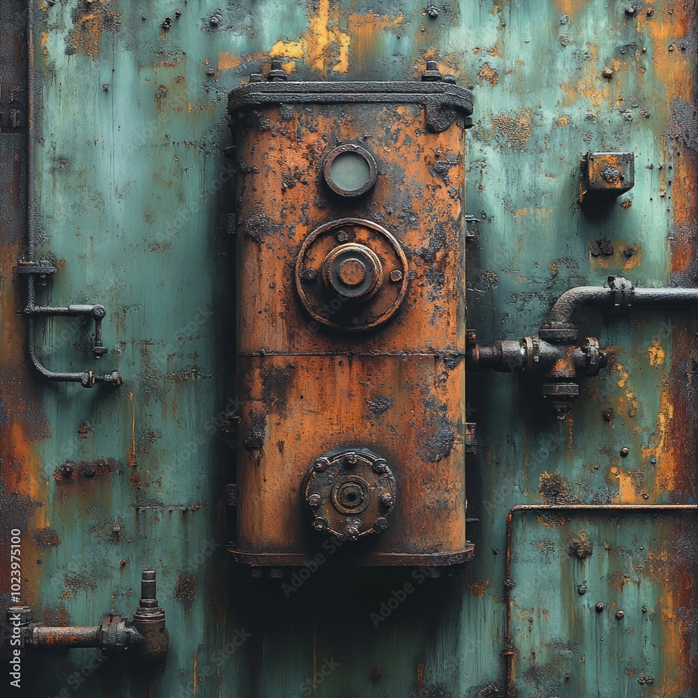 A rusty metal panel with a circular dial, a gauge, and pipes, on a weathered teal and yellow background.