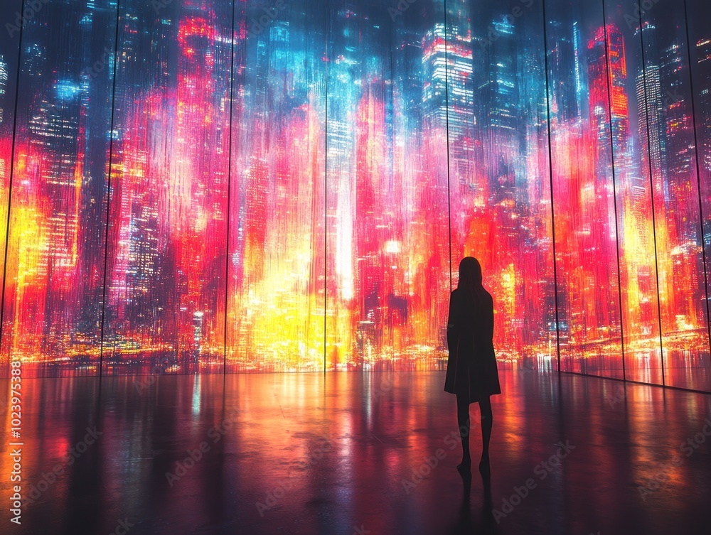 A woman stands alone in a darkened room, gazing out at a vibrant, futuristic cityscape projected onto the wall. A woman stands alone in a darkened room, gazing out at a vibrant, futuristic cityscape projected onto the wall.
