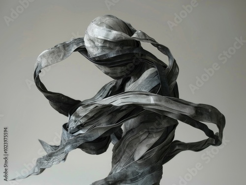 Ribbons wrapping a human-like figure, symbolizing anguish and struggle: abstract art, muted greys