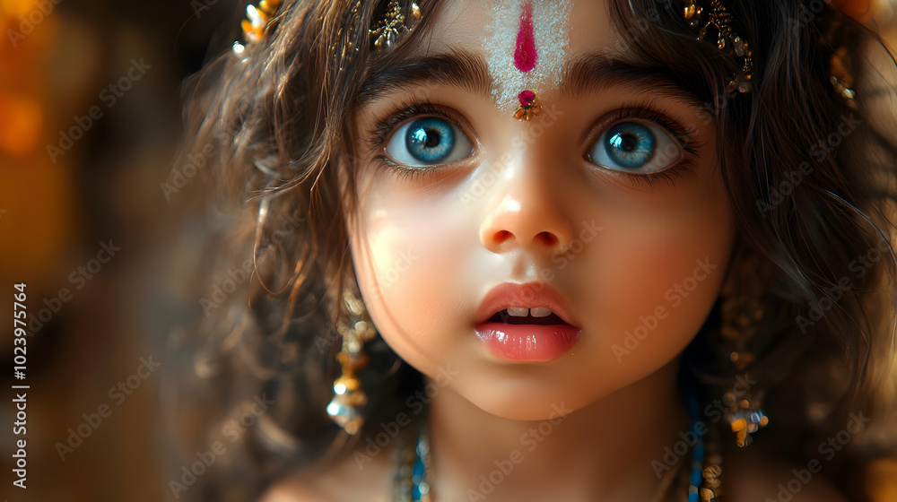 A close-up of a child with striking blue eyes, adorned with traditional jewelry and a decorative mark.