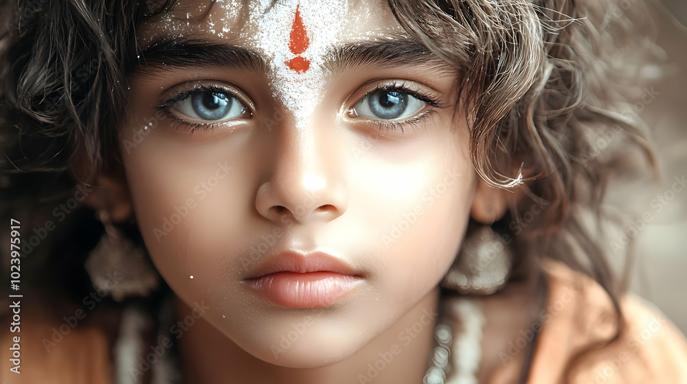Obraz premium A close-up portrait of a child with striking blue eyes and traditional markings on their forehead.