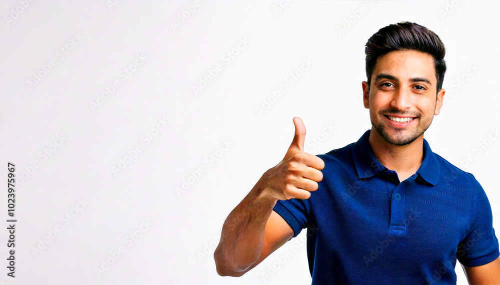 Fototapeta premium A South Asian man wearing a navy blue polo shirt is giving a thumbs up against a white background.