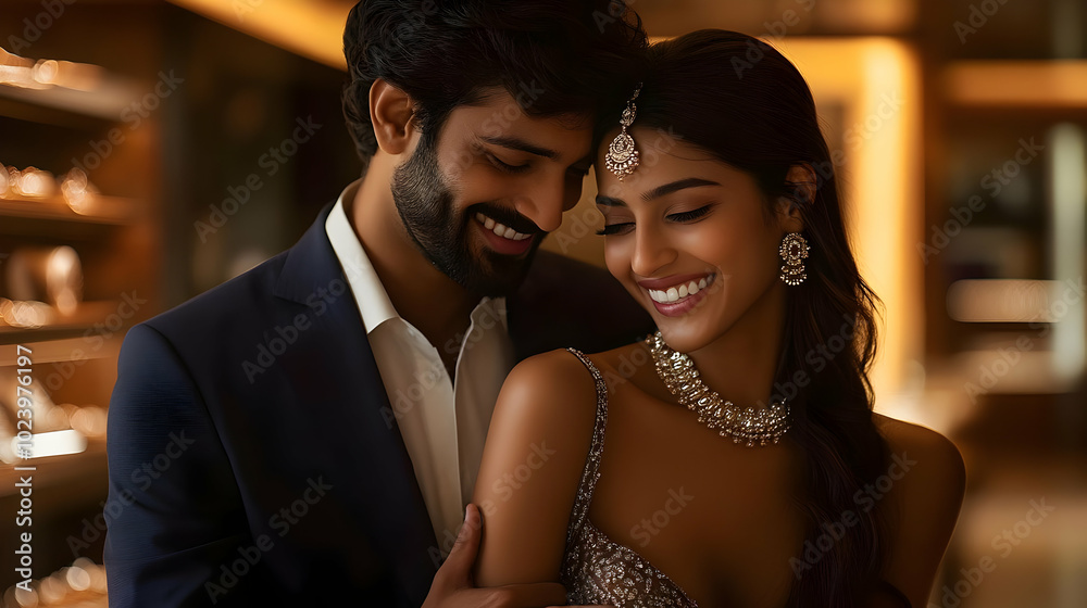 A couple smiling together in elegant attire, showcasing joy and connection. A couple smiling together in elegant attire, showcasing joy and connection.