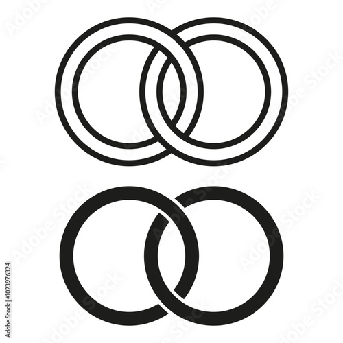 Interlocking rings icon. Overlapping circle shapes. Bold geometric symbol. Vector illustration.