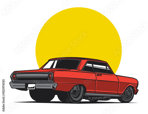 classic car image in red accent with back view along with round background for vector design illustration graphic