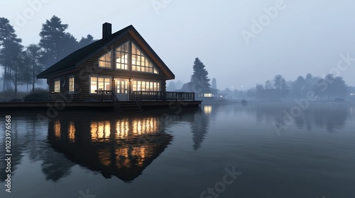 Cozy lakeside cabin reflecting on calm water at twilight.