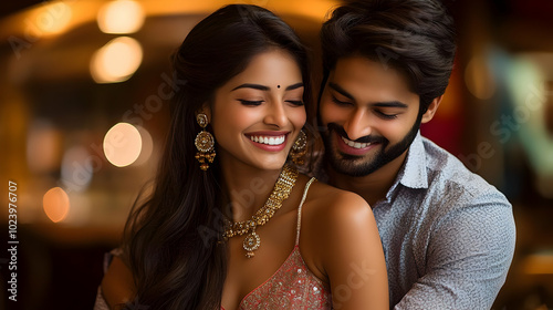A joyful couple smiling tog...