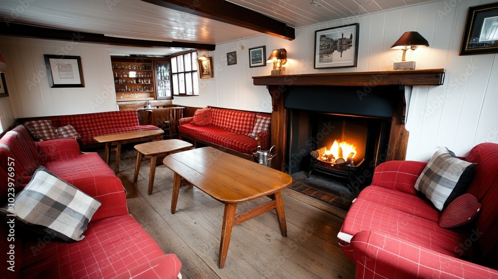 Fototapeta premium Cozy living room with red sofas, a fireplace, and warm ambiance.