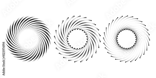 Set of black dotted vortex shapes. Geometric art. Halftone dots. Trendy design element for logo, tattoo, sign, symbol, web, prints, posters, social media, template, pattern and abstract background