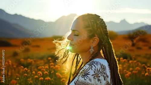 A woman with braids stands gracefully in a sunlit field with mountains in the background, representing freedom, nature, and cultural pride.