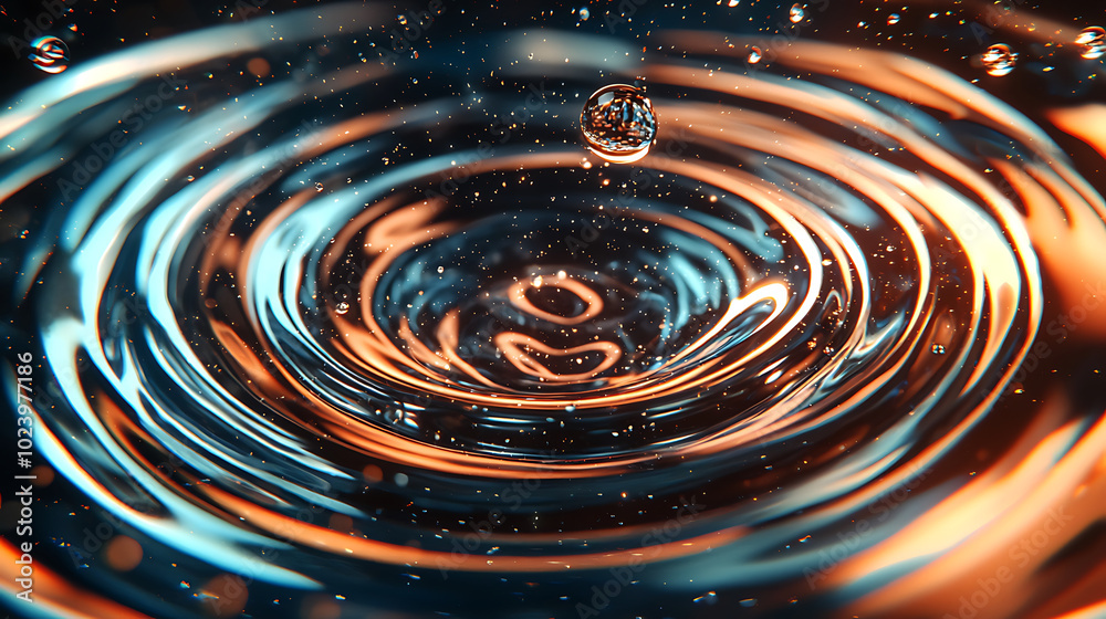 Water droplets creating ripples in calm pond symbolize tranquility and beauty. mesmerizing patterns and reflections evoke sense of peace and serenity