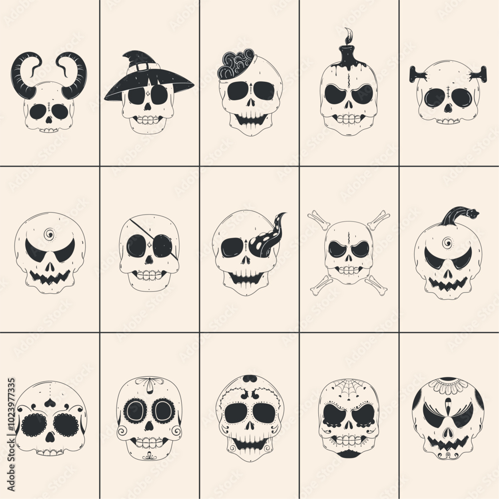 Collection of unique skull designs in black and white, Vector Collection of unique skull designs in black and white, Vector