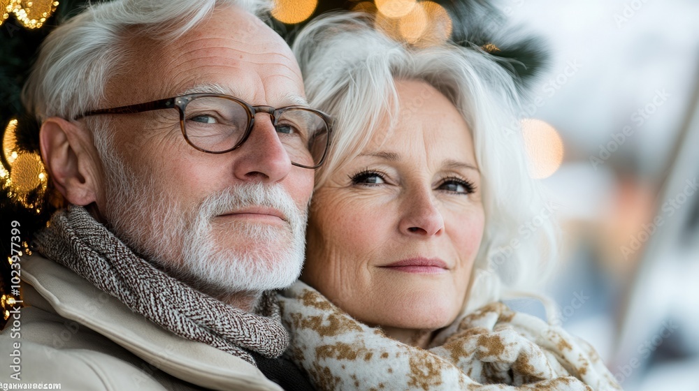 Elderly couple embracing each other, smiling against a festive background. Elderly couple embracing each other, smiling against a festive background.