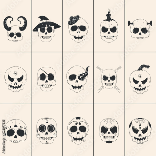 Collection of unique skull designs in black and white, Vector