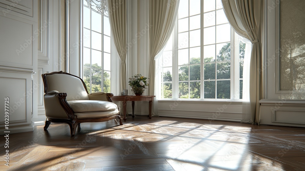 Fototapeta premium Elegant room with a vintage chair and large windows, bathed in natural light.