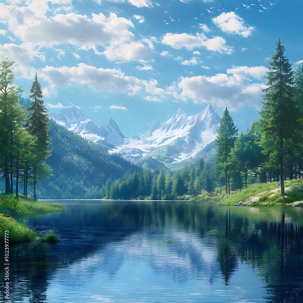 A serene landscape featuring mountains, a lake, and lush greenery under a clear blue sky. A serene landscape featuring mountains, a lake, and lush greenery under a clear blue sky.