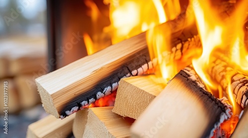 Firewood in a cozy fireplace, glowing flames with wooden logs, warm atmosphere.