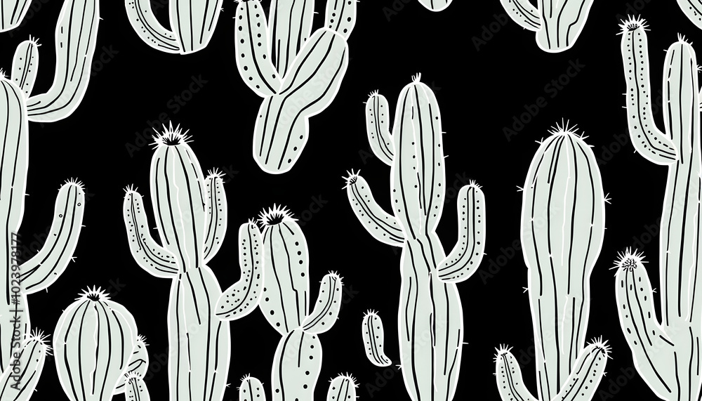 Hand drawn cactus plant doodle seamless pattern. Black and white cacti ...