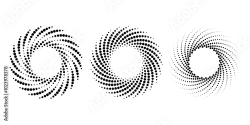 Set of black dotted vortex shapes. Geometric art. Halftone dots. Trendy design element for logo, tattoo, sign, symbol, web, prints, posters, social media, template, pattern and abstract background