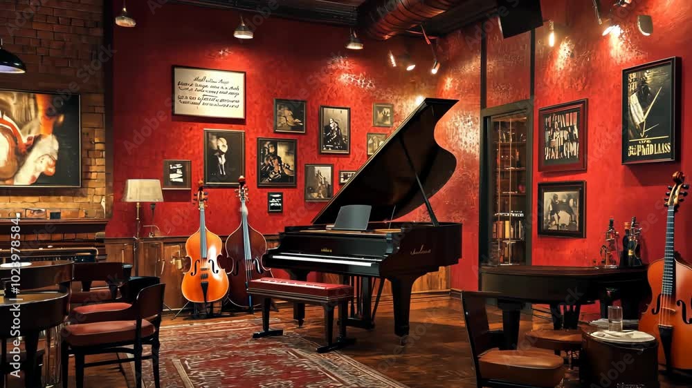 A grand piano sits in a dimly lit room with red walls, surrounded by instruments and artwork