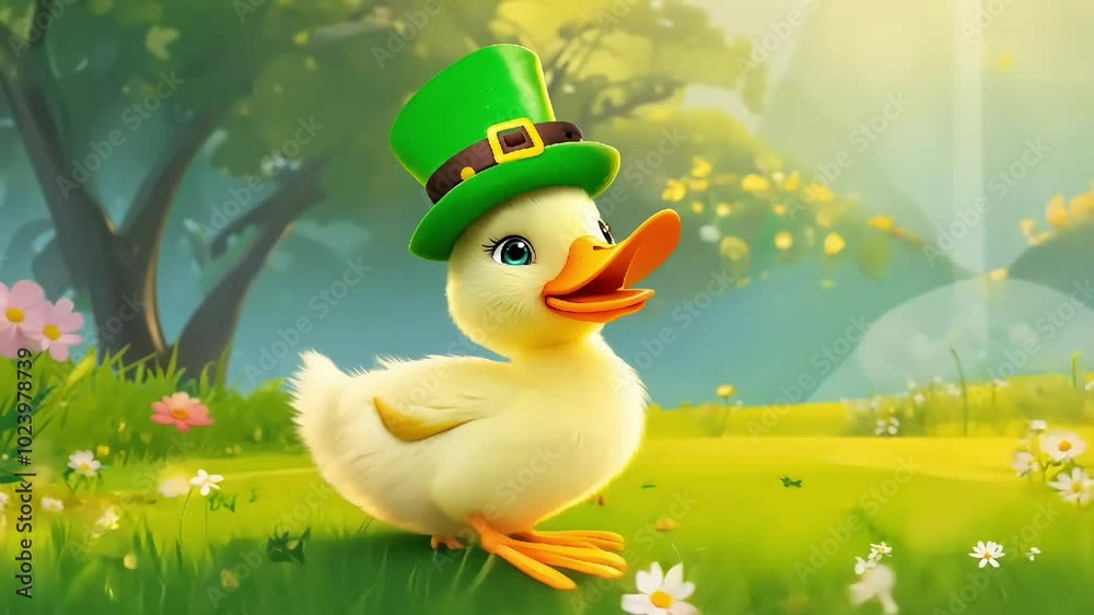 Happy cartoon duckling in a green leprechaun hat in a sunny meadow, adding joy and whimsy to St. Patrick's Day
