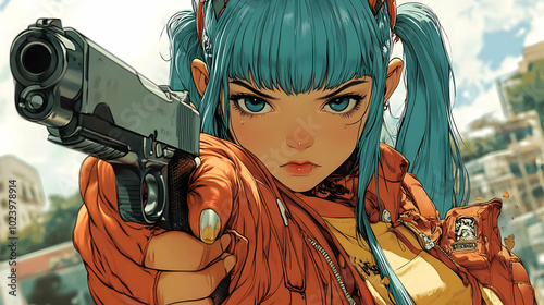 A stylized character aiming...