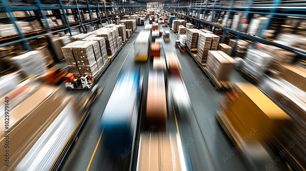 Blurred Motion in Large Warehouse with Packages Blurred Motion in Large Warehouse with Packages