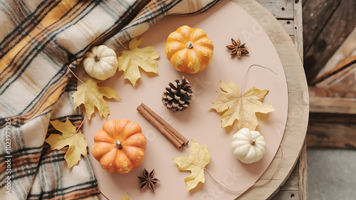 Wallpaper Mural Autumnal still life with pumpkins, leaves, and cinnamon sticks on a pink background. 
 Torontodigital.ca