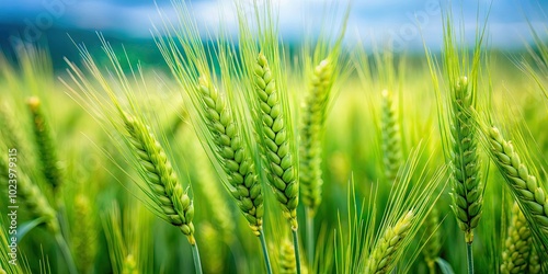 A close-up of lush green wheat ears emerges against a gentle blur of green fields, beautifully depicting an idyllic scene within a natural agricultural setting.