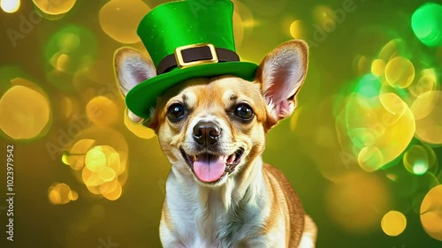 Happy chihuahua in a green leprechaun hat with a festive background, celebrating St. Patrick’s Day with joy