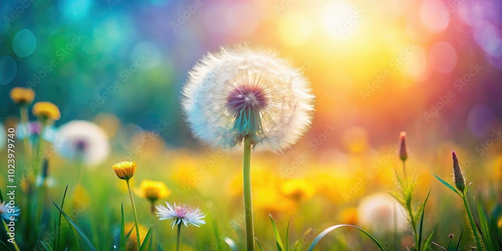 A close-up view of a fragile dandelion flower stands out against a soft, blurred background, set in a vibrant, colorful spring meadow brimming with life. A close-up view of a fragile dandelion flower stands out against a soft, blurred background, set in a vibrant, colorful spring meadow brimming with life.
