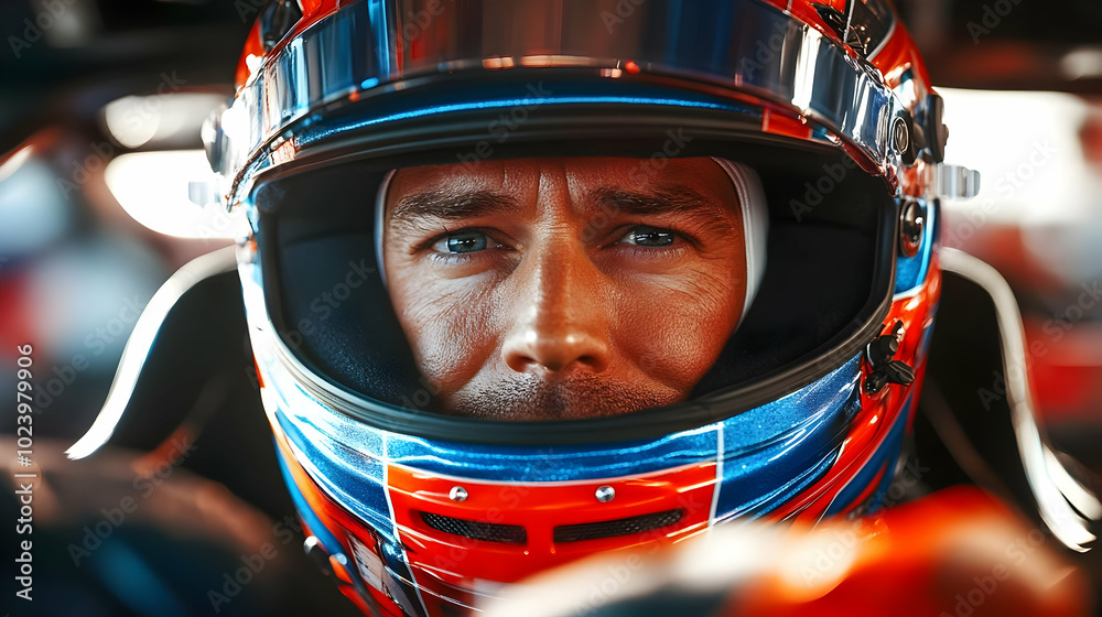 Close-up of a race car driver in a helmet, focused and intense. Close-up of a race car driver in a helmet, focused and intense.