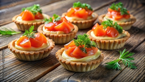 A close-up view of scrumptious tartlets topped with vibrant red salmon, elegantly displayed against a rustic wooden background, offering a mouthwatering culinary experience.