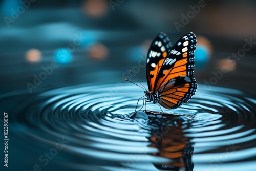 A striking butterfly rests gracefully on rippling water, showcasing vivid colors against a serene blue background.