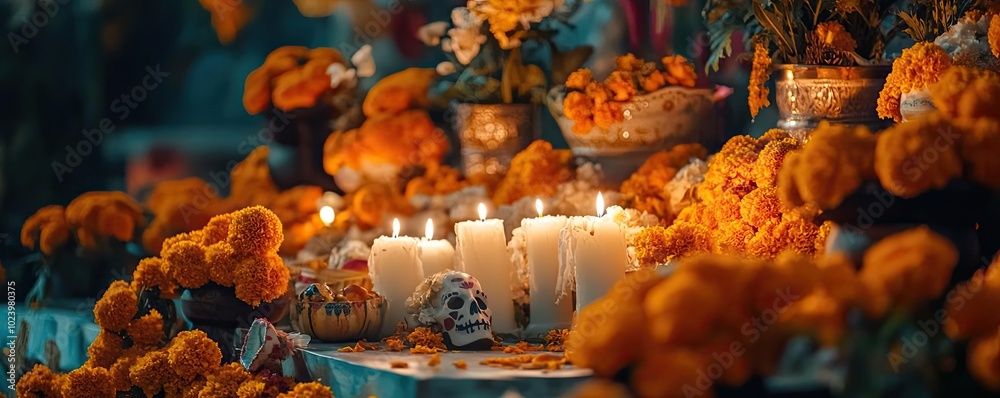 Fototapeta premium Vibrant altar decorated with marigold flowers, candles, and offerings in celebration of life and remembrance during festive rituals.