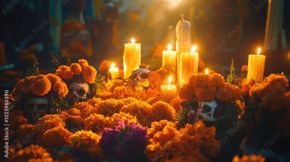 Vibrant altar decorated with marigold flowers, candles, and sugar skulls, celebrating life and honoring the deceased. Vibrant altar decorated with marigold flowers, candles, and sugar skulls, celebrating life and honoring the deceased.