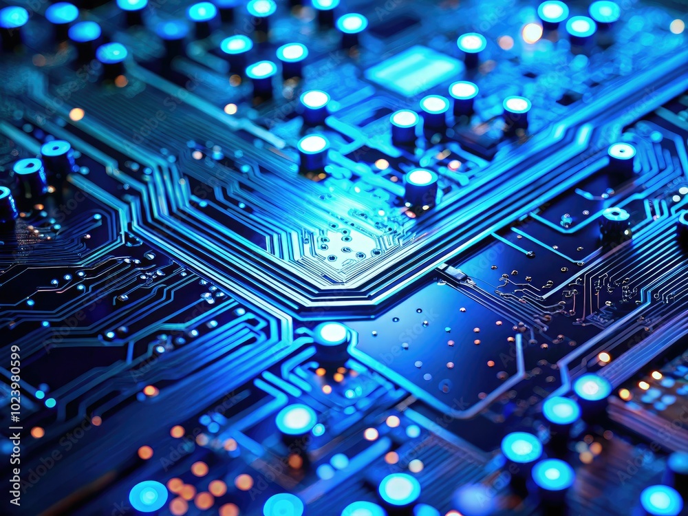 Close-up of a Blue Illuminated Circuit Board for Technology and Innovation