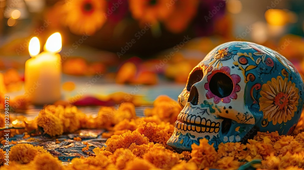 A vibrant, decorated sugar skull surrounded by marigold petals and a candle, symbolizing Dia de los Muertos celebration. A vibrant, decorated sugar skull surrounded by marigold petals and a candle, symbolizing Dia de los Muertos celebration.