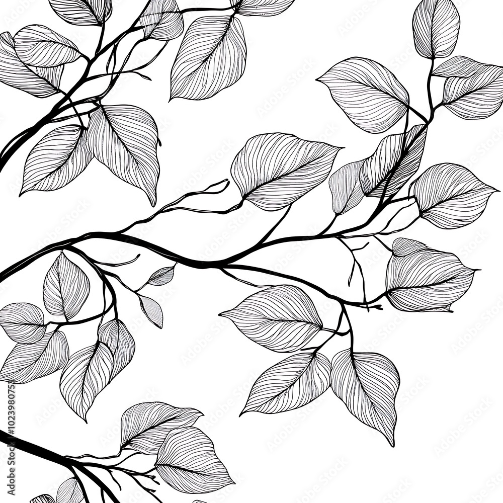 A minimalistic illustration of branches with leaves in black and white. A minimalistic illustration of branches with leaves in black and white.