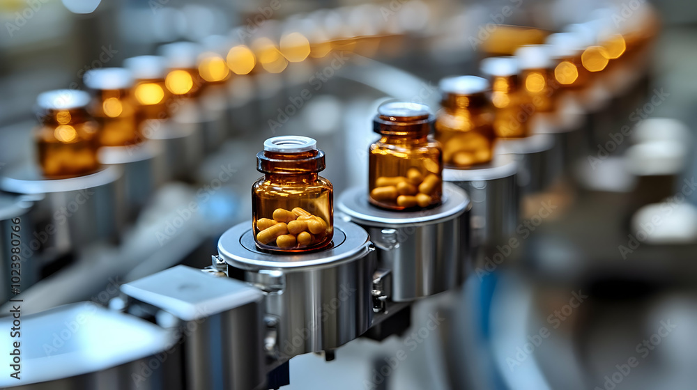 Bottles of medication on a production line in a pharmaceutical facility. Bottles of medication on a production line in a pharmaceutical facility.