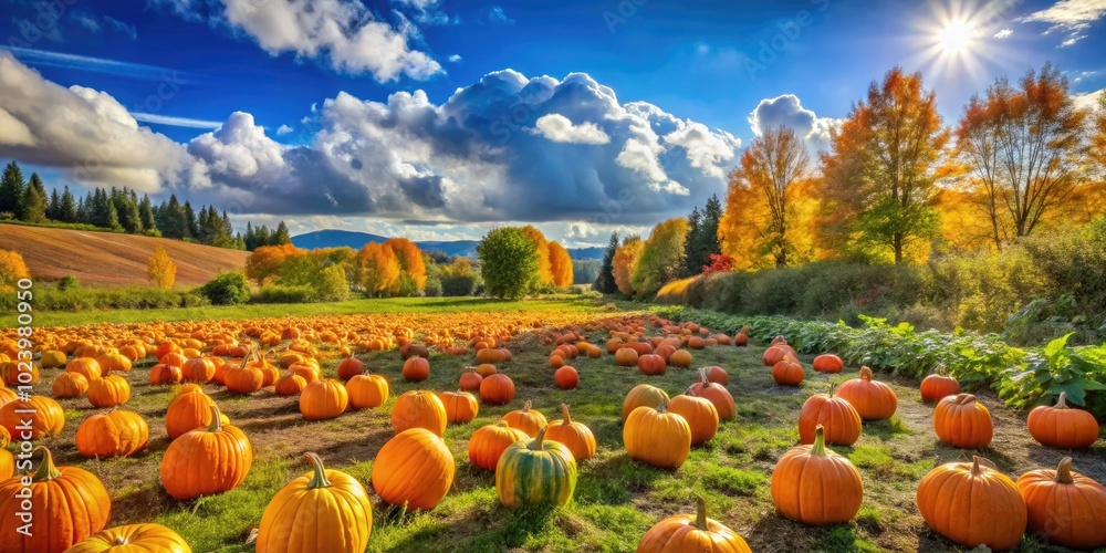 A colorful autumn scene features pumpkins thriving in a lush field beneath picturesque blue skies, showcasing the beauty of fall in full splendor.