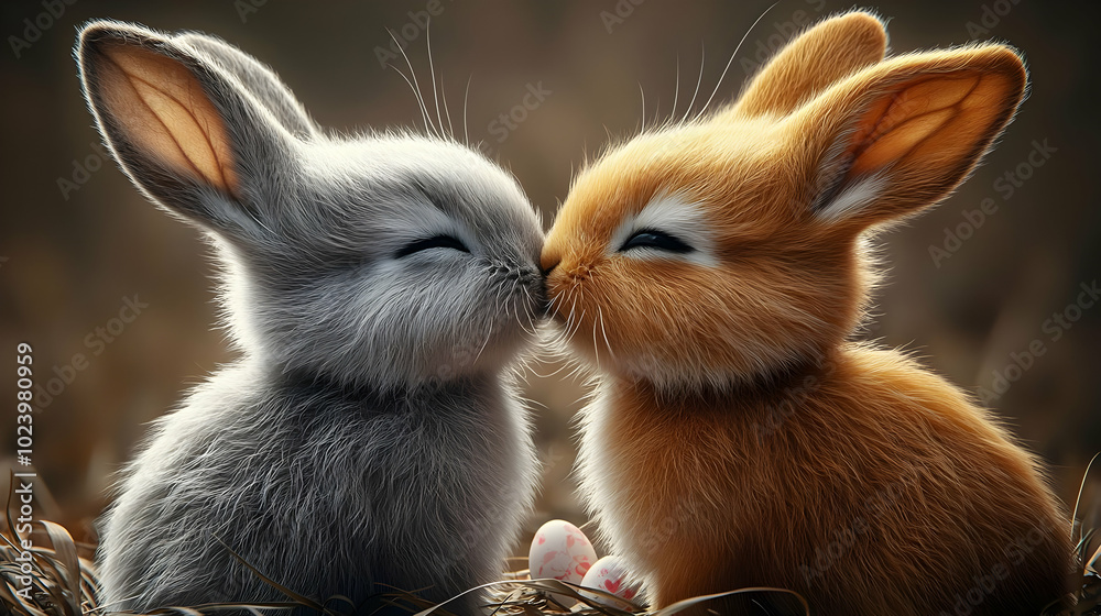 Obraz premium Two adorable rabbits nuzzling in a cozy setting.