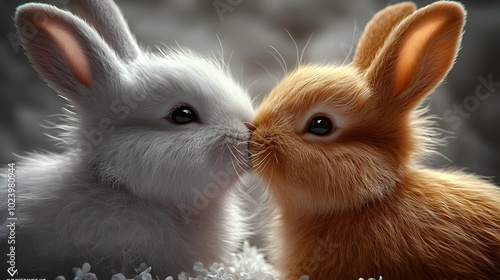 Two adorable rabbits nuzzli...